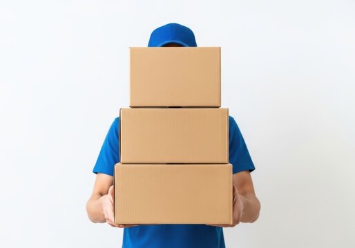 Delivery man in blue uniform holding a stack of brown cardboard shipping boxes