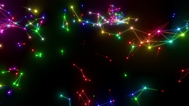 Abstract multicolored geometric plexus flowing movement on black background with lines and dots 3d render, reminiscent of the Brownian motion of molecules