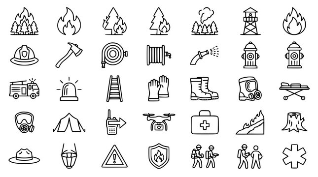 Wildfire and firefighting equipment icon set with linear outline vectors of forest fires trucks hydrants helmets tools and emergency rescue gear symbols