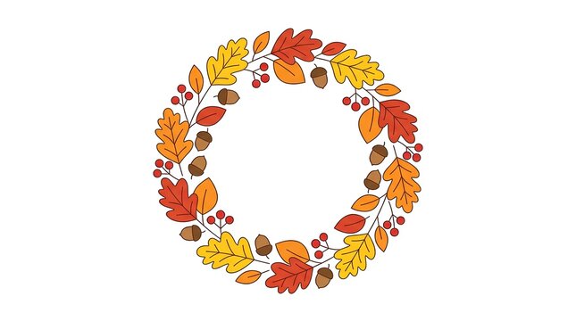 Circular autumn wreath made of colorful fall leaves and small acorns.