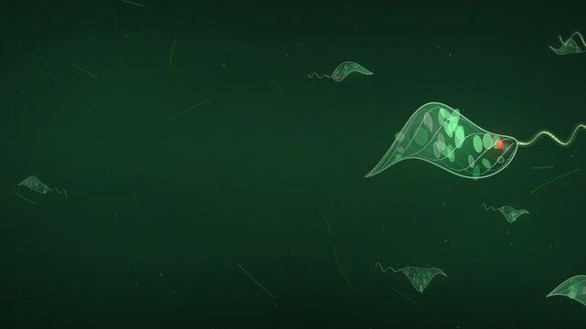 Vibrant green euglena flexing its body over dark water seamless loop