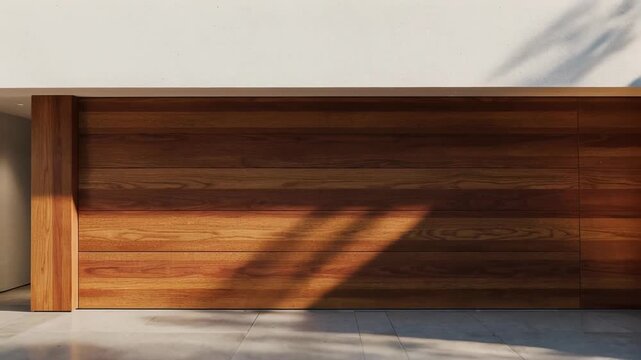 Modern Wooden Garage Door with Sunlight Casting Shadows on Concrete Driveway at Daytime