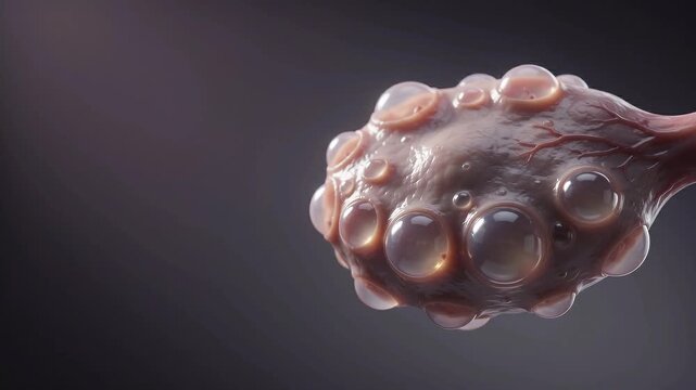 Microscopic PCOS Cell with Translucent Bubble Membrane Drifting Through Dark Fluid, Soft Biological Texture, Alien Eye Like Forms and Surreal Science Fiction Mood