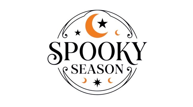 Spooky Season Halloween typography logo, celestial moon and stars emblem, vintage mystical autumn graphic on white background