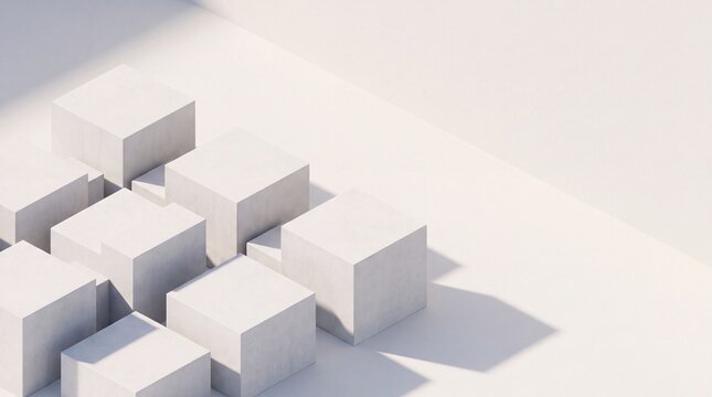 Geometric Abstraction: A minimalist arrangement of white cubes, bathed in soft light and casting subtle shadows, creates a serene and abstract composition, suggesting order and form.