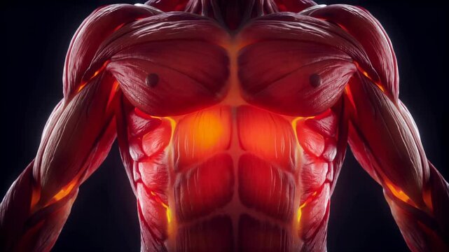 Muscular Human Torso Anatomy Glowing with Energy during Physical Exertion Against Dark Background Cinematic Medical Visualization