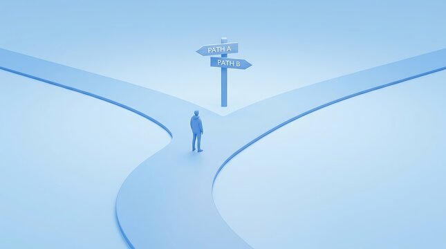 Businessman Standing at Crossroads Choosing Path with Directional Signpost Decision Concept