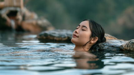 Fototapeta premium Peaceful Asian woman relaxing inside outdoor hot spring water pool with serene smile enjoying healthy wellness spa travel resort retreat