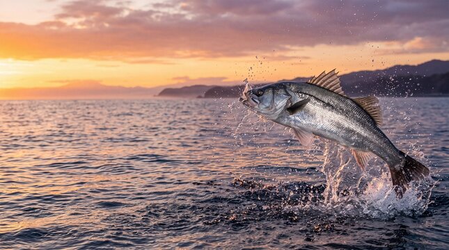 夕暮れの海で水面からダイナミックにジャンプする大型のスズキ（シーバス）
朝焼けの海面を跳ねるシーバスと激しい水しぶき