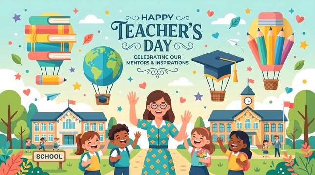 Teacher day design featuring vibrant school supplies globe and students celebrating mentors and inspirations with flat vector artwork for greeting.