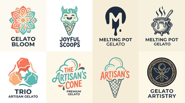 Artisan gelato branding set showcasing diverse pastel-toned minimalist and vintage ice cream logos