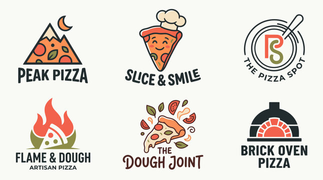 Modern pizza logo set featuring playful mascot characters and artisan restaurant branding