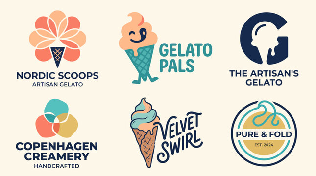 Modern collection of artisanal gelato and ice cream logos in flat minimalist vector style