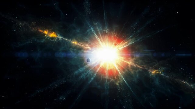 Radiant Star Exploding in Deep Space with Cosmic Nebula and Planet Orbiting Cinematic Sci-Fi Background