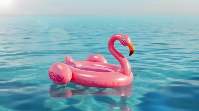 Pink Flamingo Inflatable Float Gently Bobbing on Calm Turquoise Ocean Water in Serene Summer Scene