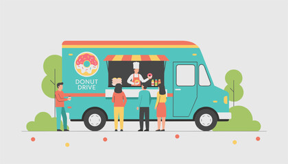 Fototapeta premium Customers queuing up at a colorful Donut Drive food truck to buy delicious fresh glazed donuts in a park setting.