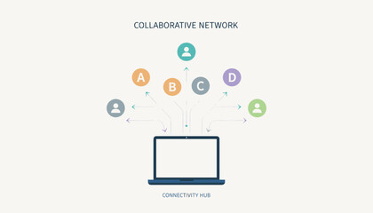 Naklejka premium Collaborative network diagram illustrating remote team connectivity and communication through a central laptop hub.