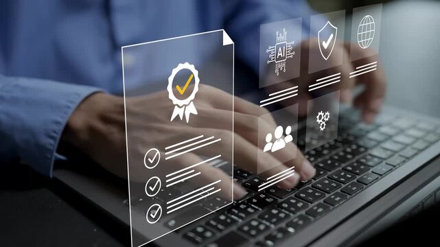 ISO certification and quality assurance concept. Person typing keyboard with ISO badge, standard checkmark and seal icons, corporate compliance audit and official document verification.