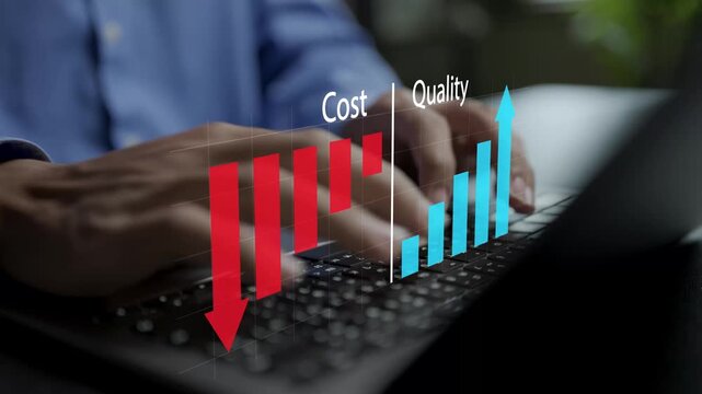 Reduce costs and increase quality concept. Person using laptop with cost cutting, upward growth and quality badge icons, business efficiency, profit optimization and performance.