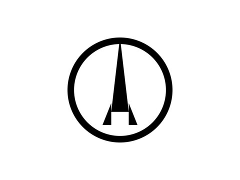 Minimalist black and white graphic icon featuring a stylized eiffel tower