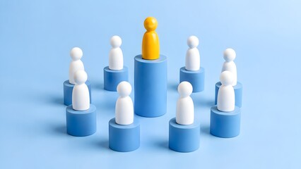 Obraz premium Yellow Leader Peg Figure Standing On Central Tallest Blue Podium Surrounded By Team