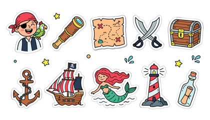 Cute pirate adventure sticker vector set with cartoon boy captain parrot treasure chest ship mermaid map anchor lighthouse and bottle message
