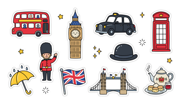 Cute London travel stickers vector set with cartoon double decker bus big ben black cab phone booth guard tower bridge and flag