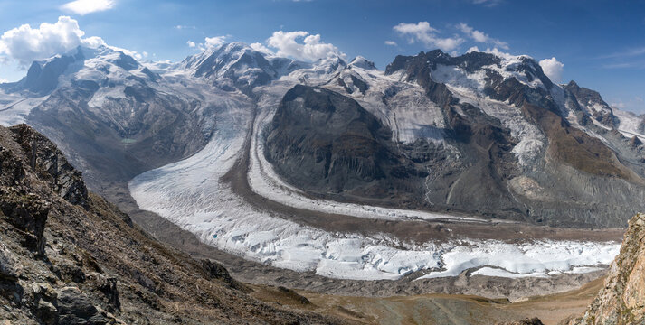 Panoramic View of Gorner Glacier and Pennine Alps Peaks near Zermatt, Valais, Switzerland