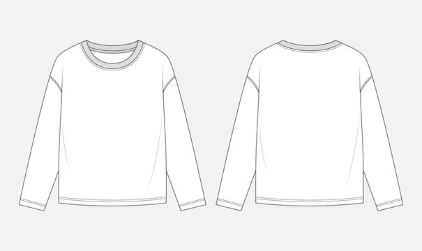 Crewneck long-sleeve T-shirt flat sketch, relaxed drop-shoulder seams, front and back view editable vector.