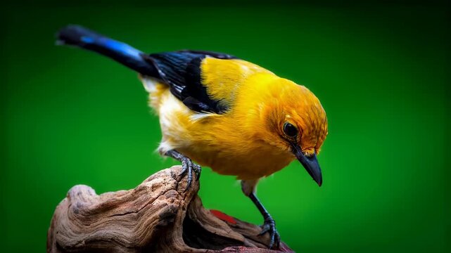 Vibrant Yellow Bird Perches on Driftwood and Pecks at Food Against Green Background in Cinematic Wildlife Close-Up