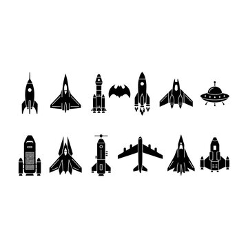 Collection of various spacecraft and aircraft silhouettes in black