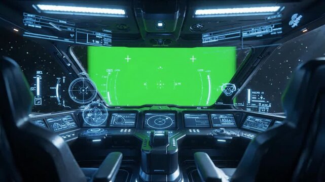 Futuristic spaceship cockpit interior with green screen window and holographic hud interface for sci-fi vfx compositing and space travel simulation
