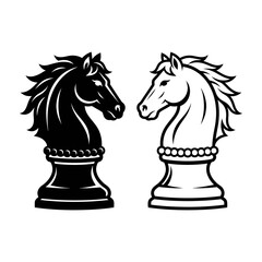 Black and white chess knights facing each other, horse heads with decorative collars © CoreVector