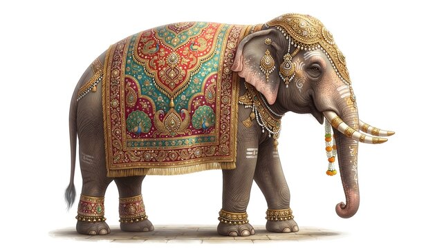 Majestic decorated indian elephant adorned with traditional gold jewelry and ornate colorful tapestry, isolated on white background