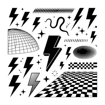 Black and white illustration of lightning bolts, disco ball, and checkered patterns