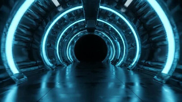 Futuristic sci-fi tunnel with glowing blue neon lights, abstract cyberpunk corridor motion background, for technology and, gaming projects