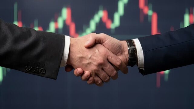 Businessmen shaking hands against financial market data and charts