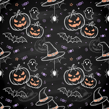 Halloween Seamless Pattern with Pumpkins, Bats, Cats and Ghosts, Cute Spooky Cartoon Vector Background for Autumn Holiday Celebration Design