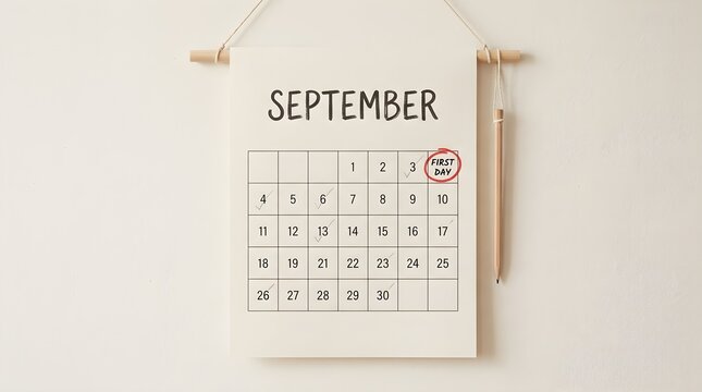 Canvas wall calendar for September with first day of school circled and a wooden pencil
