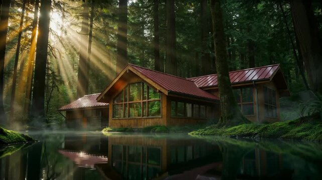 Wooden Cabin Nestled in Forest Beside Misty Lake with Sunbeams Filtering Through Tall Trees Cinematic Nature Retreat