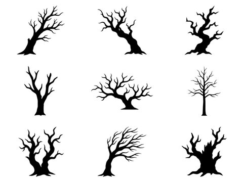 Set of Silhouettes Featuring Ancient Withered Trees and Bare Winter Branches for Nature and Forest Design Projects