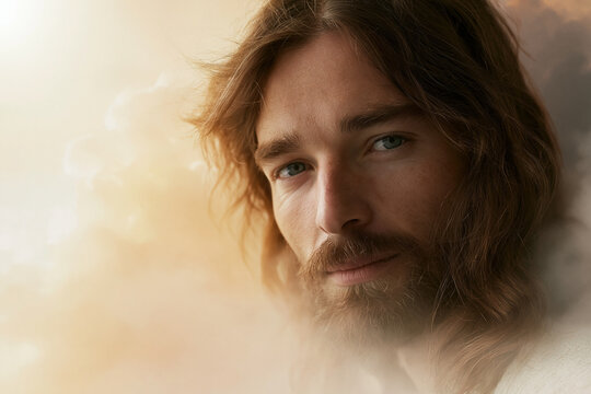 Golden light bathes a serene, bearded man with long hair. His calm gaze speaks quiet strength and peace. Soft background swirls with warm, ethereal glow. Ideal for spiritual, inspirational
