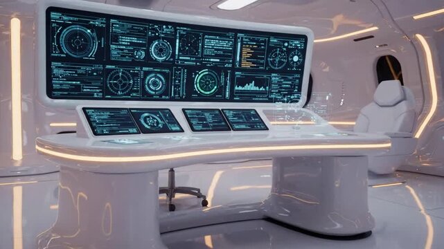Futuristic spaceship command center with glowing digital interface and sleek minimalist control console for sci-fi technology concepts