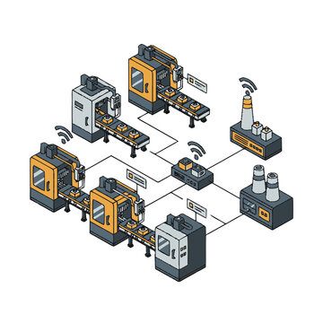 Smart factory automation network displaying isometric industrial machinery connected wirelessly to a central hub.