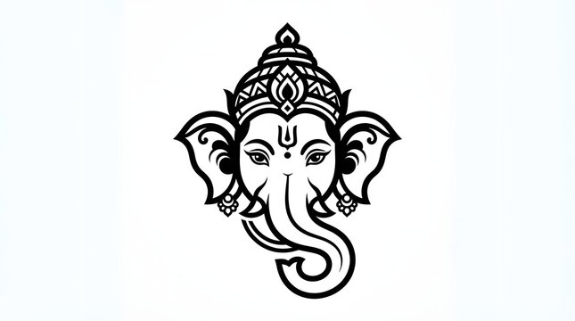 Minimalist black and white line art illustration of lord ganesha head isolated on white background
