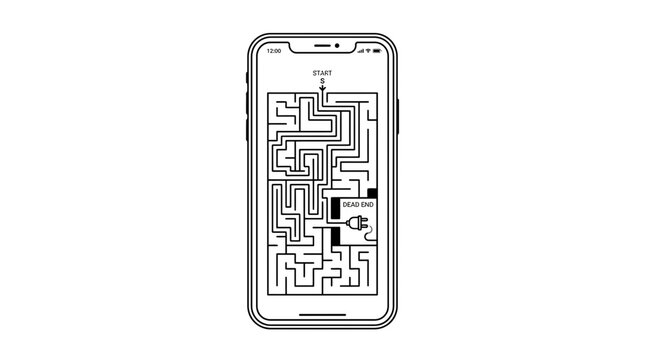 3D plug trapped in complex maze design on smartphone screen illustration