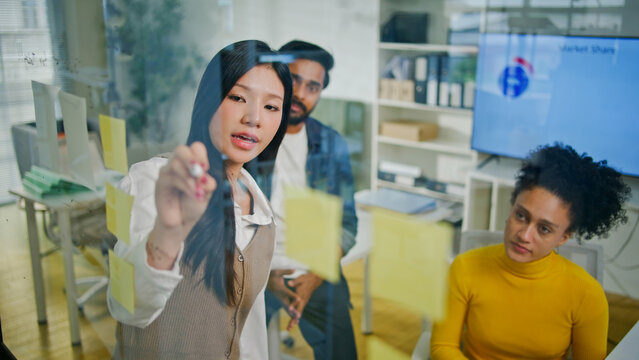 Group of creative Businesspeople brain storm meeting presentation,discussing roadmap to product launch, planning,strategy,dashboard,new business development,working with new startup project in office