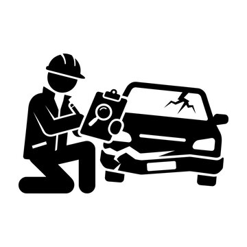 Mechanic inspecting a damaged vehicle with cracked windshield and dented bumper during assessment vector silhouette Isolated on white background