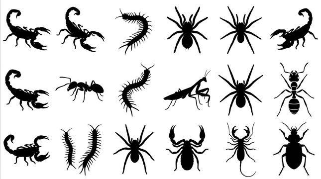 Detailed collection of black vector silhouettes featuring various insects and dangerous arachnids for creative graphic design