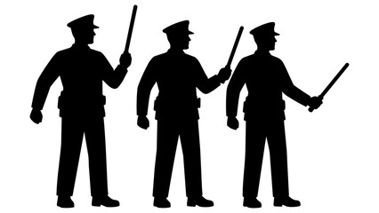 Naklejka premium Three Police Officers Silhouette Holding Batons - Uniformed Security Guards Vector Illustration for Law Enforcement Design